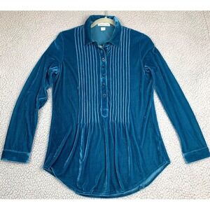 Coldwater Creek Velvet Pintuck Henley Tunic Top Womens XS Long Sleeve Teal Blue